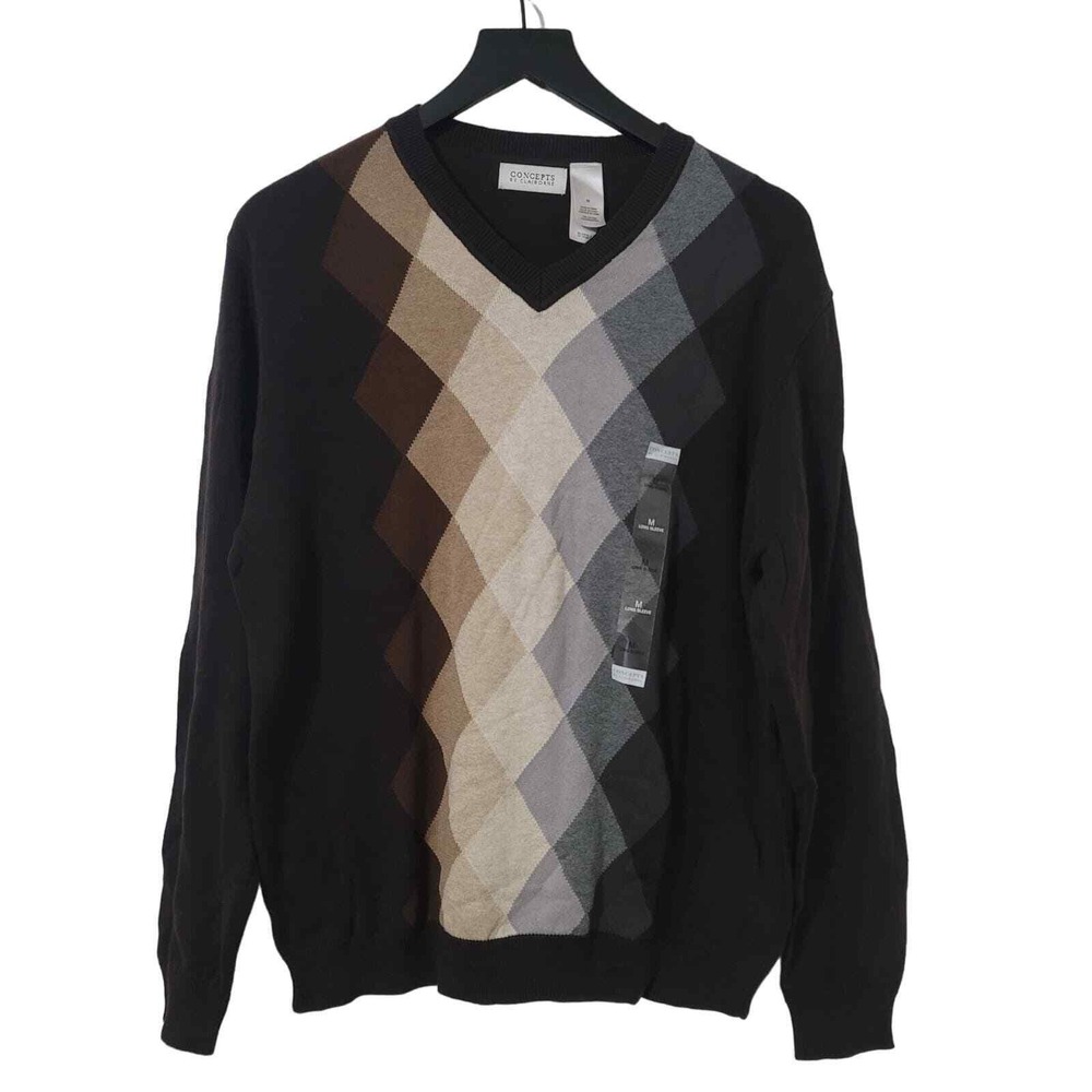 Black Argyle VNeck Sweater Preppy Pullover Grandpa Concepts Claiborne Medium NEW